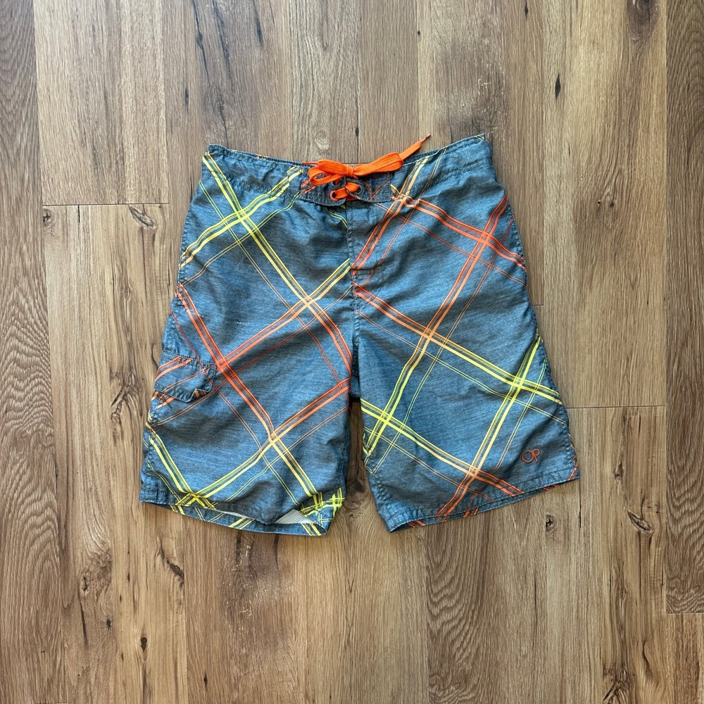 OP Mens Board Shorts‎ Grey Orange Yellow Plaid Swim Trunks Size S 28-30 Pocket